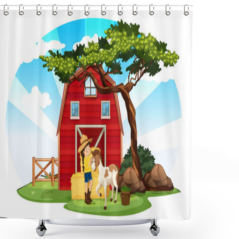 Personality  Farm Scene With Farmer And Pony On The Farm Illustration Shower Curtains