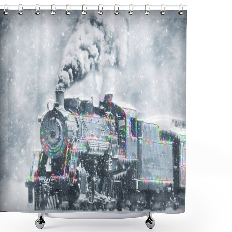 Personality  Restored Steam Engine With Christmas Lights On It In A Snow Storm Shower Curtains