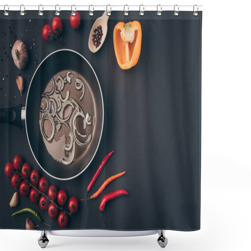 Personality  Top View Of Frying Pan With Onion And Oil Among Vegetables On Gray Table  Shower Curtains