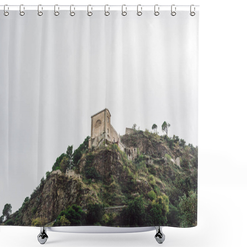 Personality  SAVOCA, ITALY - OCTOBER 3, 2019:  Low Angle View Of Church Of San Nicolo On Hill Near Green Trees Against Sky With Clouds  Shower Curtains