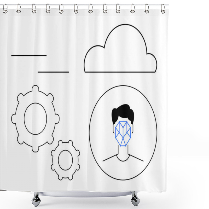 Personality  Facial Recognition Interface With A Geometric Grid, Cloud Element, And Gear Icons. Ideal For AI, Data Analysis, Machine Learning, Cybersecurity, Cloud Computing, Automation Abstract Line Flat Shower Curtains