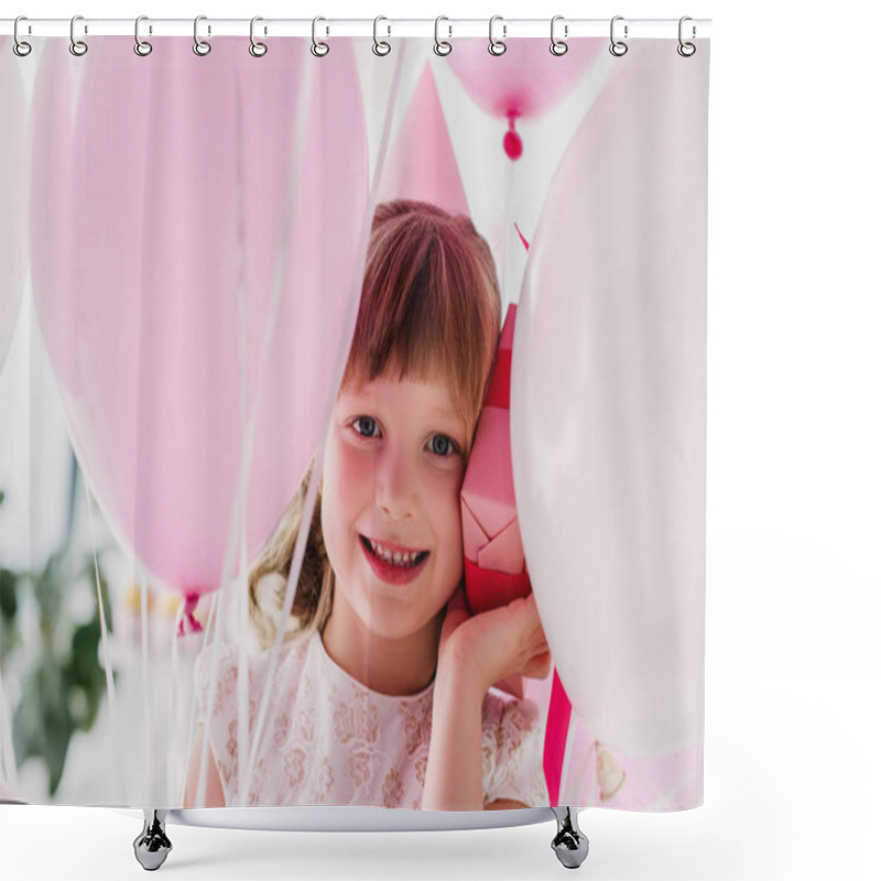 Personality  Portrait Of Happy Birthday Child In Cone Holding Gift Box And Air Balloons  Shower Curtains