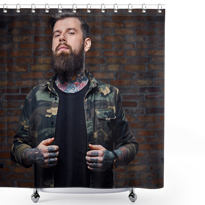 Personality  Tattooed Bearded Male In Military Jacket. Shower Curtains