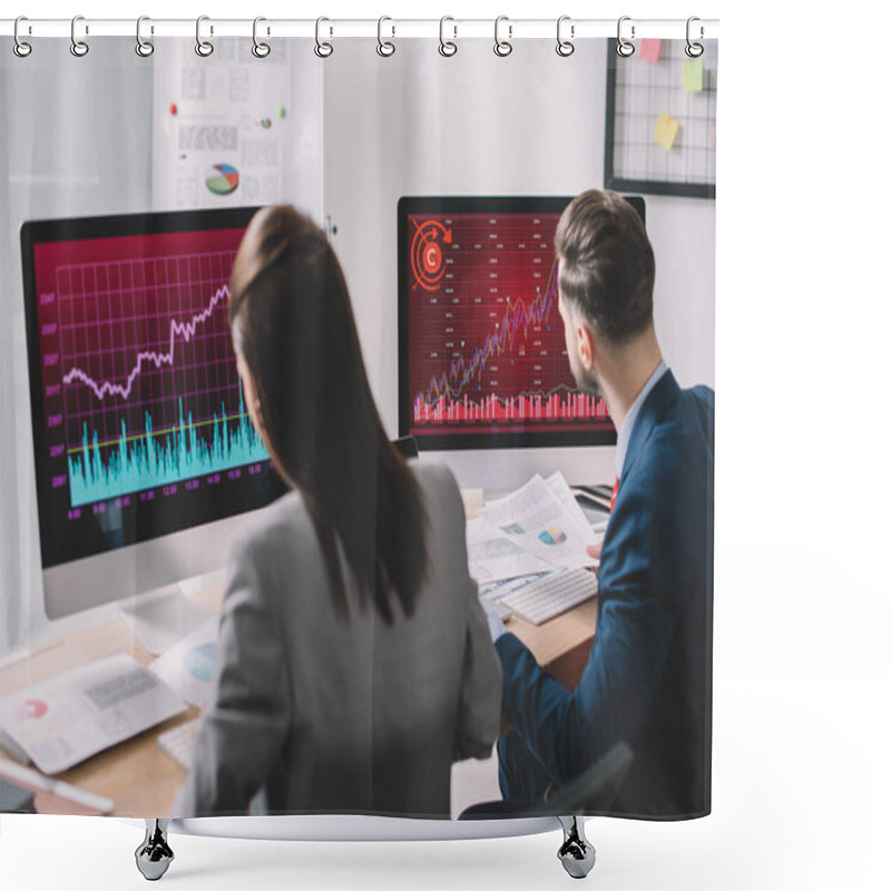 Personality  Selective Focus Of Information Security Analysts Working With Computers And Papers At Table In Office  Shower Curtains