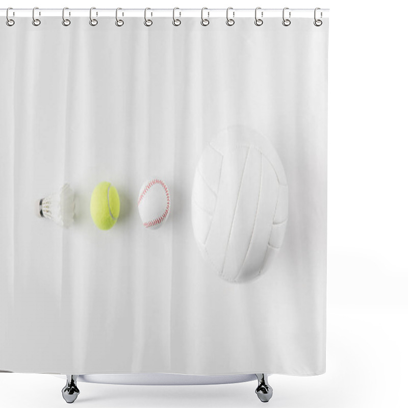 Personality  Various Sports Equipment In Row On White Surface Shower Curtains