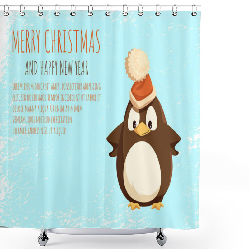 Personality  Merry Christmas Card, Penguin In Santa Hat On Ice Shower Curtains