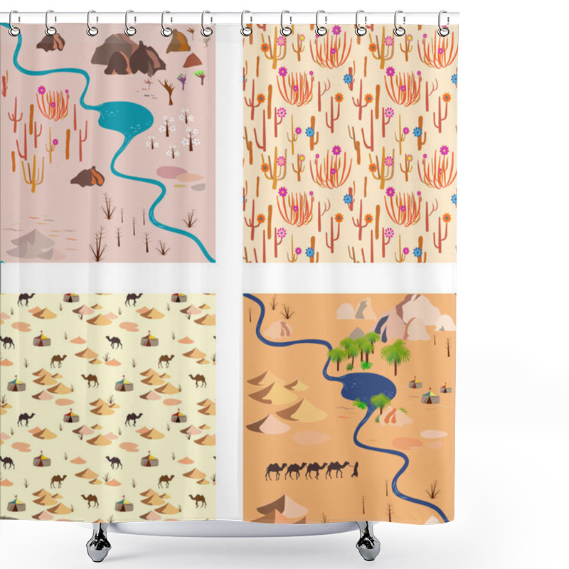 Personality  Set Seamless Desert Pattern With River, Palms Rocks And Camels Shower Curtains