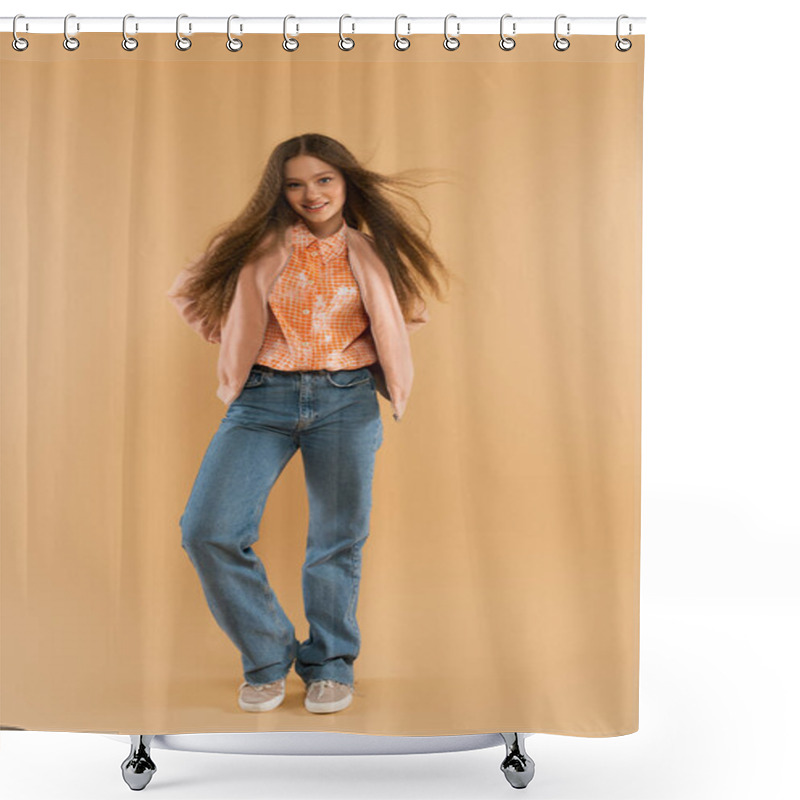 Personality  Full Length Of Happy Teenage Girl In Autumnal And Casual Clothes Posing On Beige Shower Curtains