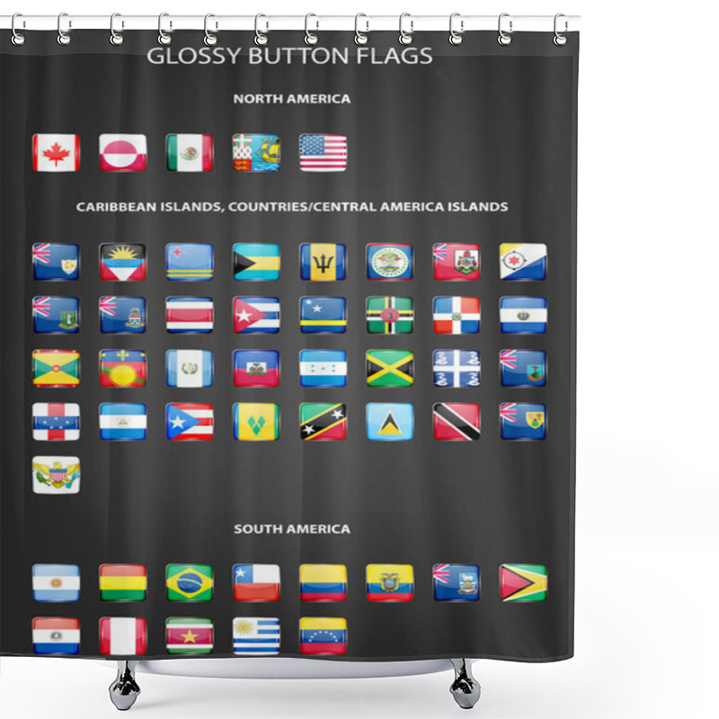 Personality  Set Of Glossy Button Flags -  North AND South America, Caribbean Islands, Countries, Central America Islands. Shower Curtains