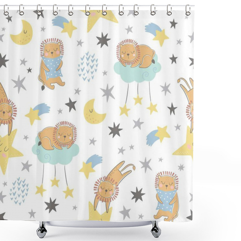 Personality  Seamless Vector Childish Pattern With Cute Lions, Clouds, Moon, Stars. Creative Scandinavian Style Kids Texture For Fabric, Wrapping, Textile, Wallpaper, Apparel. Shower Curtains