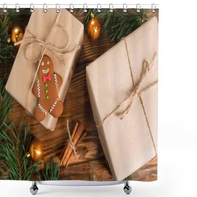 Personality  Top View Of Gingerbread Cookie On Gift Box Near Blurred Pine Branches And Cinnamon Sticks On Wooden Surface Shower Curtains