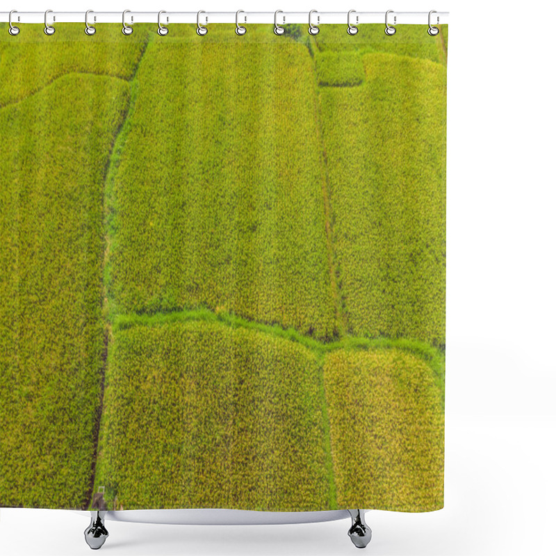 Personality  Image Of Beautiful Terraced Rice Field In Water Season And Irrigation From Drone,Top View Of Rices Paddy Shower Curtains