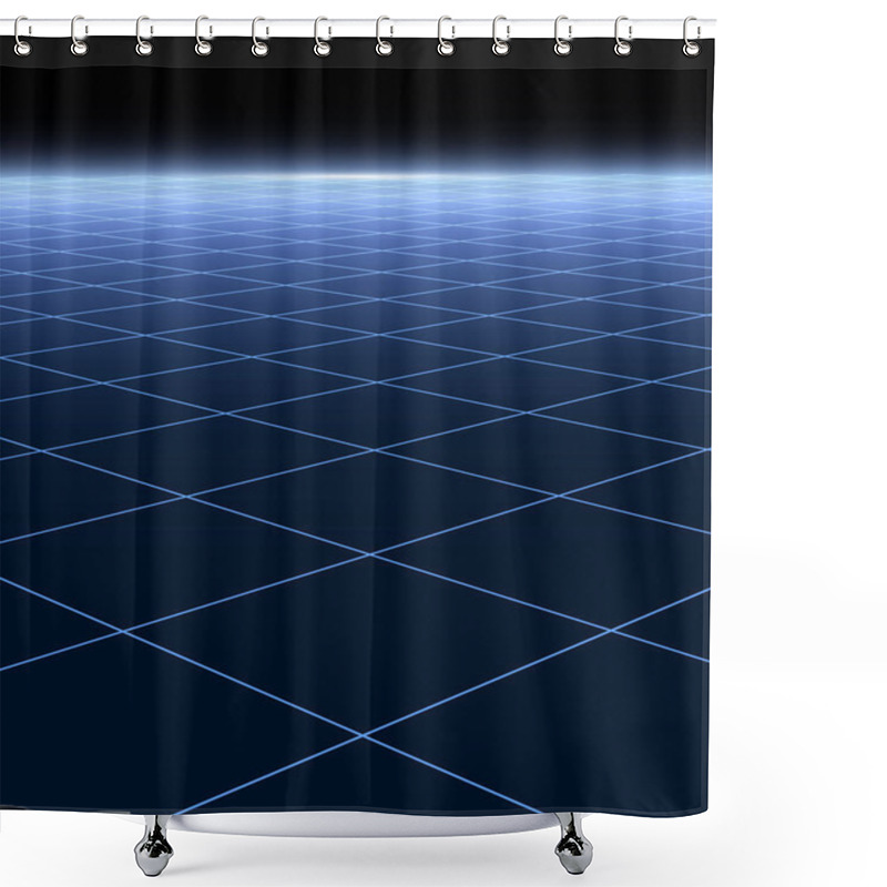 Personality  Abstract Background With Perspective. Digital Futuristic Design. Grid Neon Surface With Blue Glowing Effect. Shower Curtains