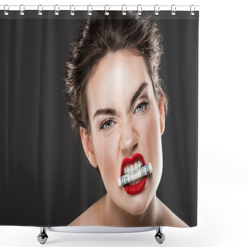 Personality  Aggressive Woman Holding Dollar Banknote In Teeth, Isolated On Grey Shower Curtains