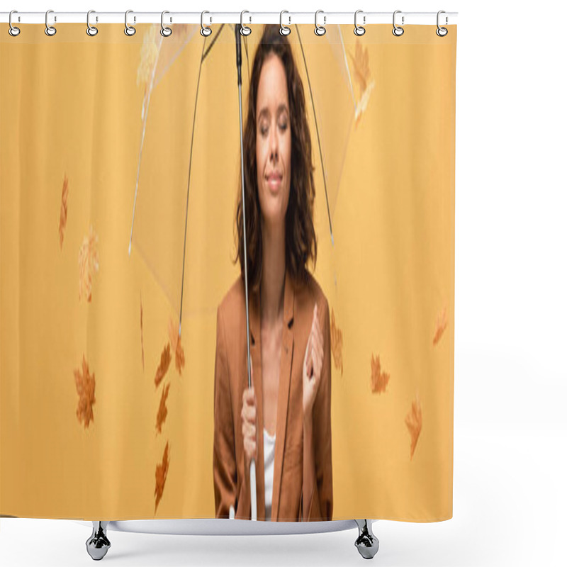 Personality  Panoramic Shot Of Happy Curly Woman In Brown Jacket With Closed Eyes Holding Umbrella In Falling Golden Maple Leaves Isolated On Yellow Shower Curtains