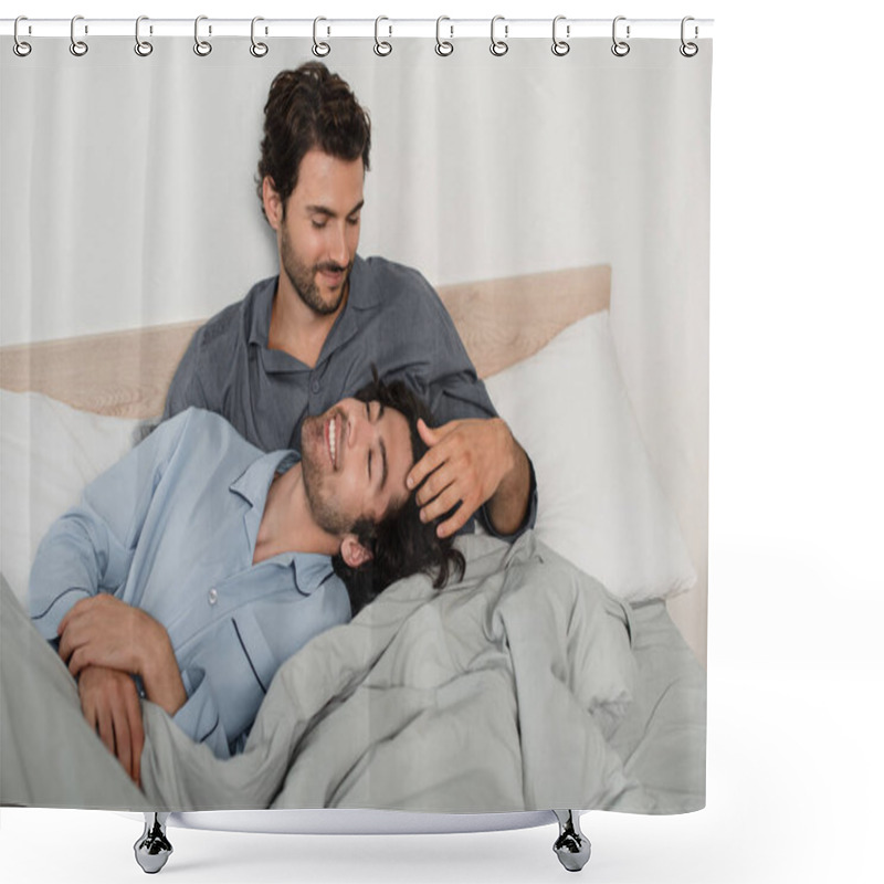 Personality  Gay Man Stroking Hair Of Boyfriend In Bed Shower Curtains