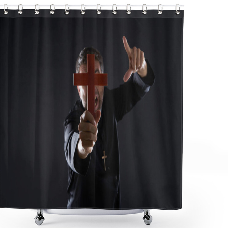 Personality  Priest Holding Cross Of Wood Praying In Foreground Shower Curtains