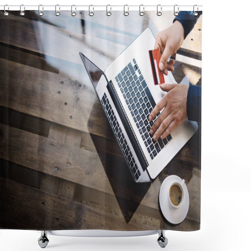 Personality  Man Holding Credit Card And Typing Laptop  Shower Curtains