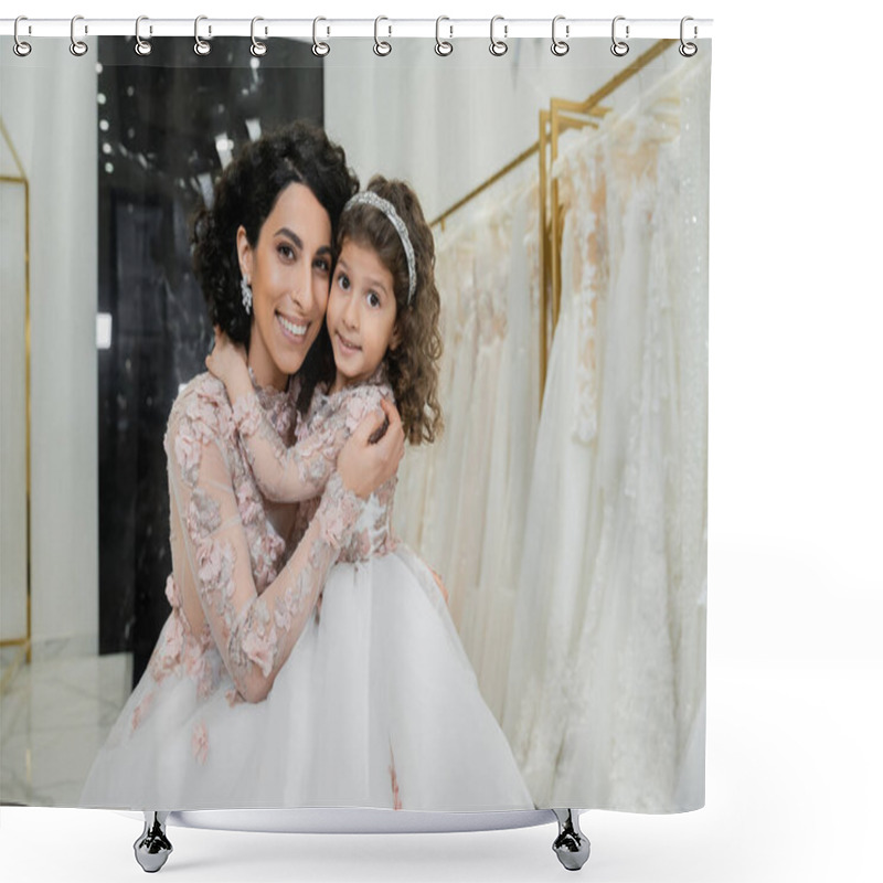 Personality  Brunette Middle Eastern Woman With Wavy Hair In Stunning Wedding Dress Hugging Cute Daughter In Cute Floral Attire In Bridal Salon, Shopping, Happiness, Special Moment, Togetherness  Shower Curtains