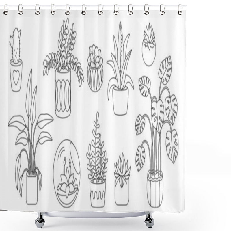 Personality  Plant Succulent Potted Cartoon Doodle Line Set Shower Curtains