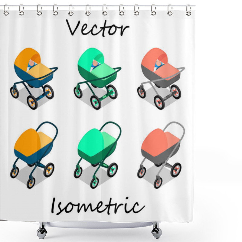 Personality  Baby Carriages In Isometrics In Different Angles. Carriages With Sleeping Babies In It. Shower Curtains