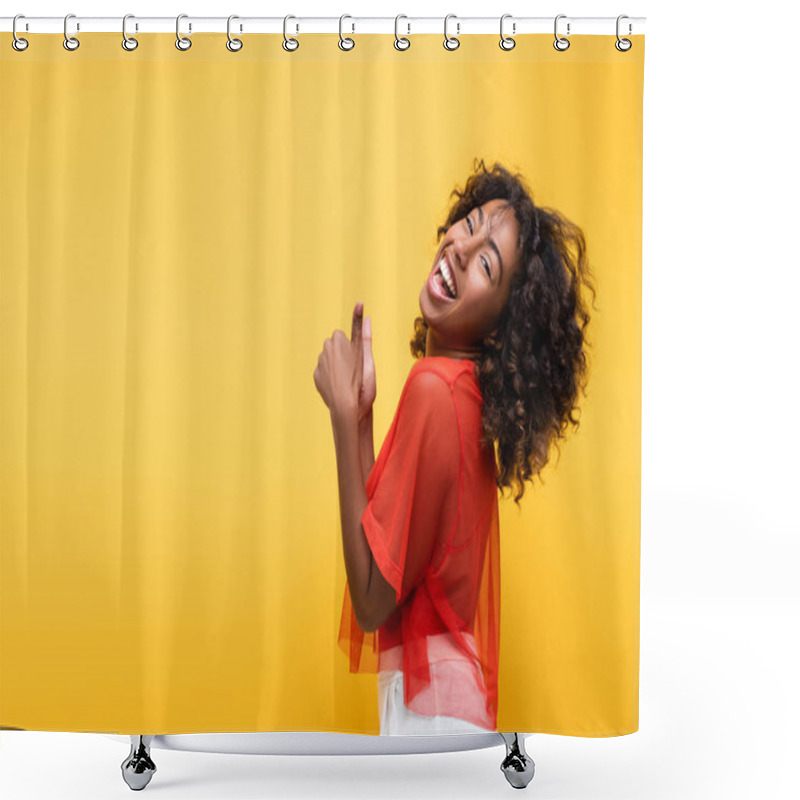 Personality  Laughing African American Woman Showing Thumbs Up And Looking At Camera Isolated On Yellow Shower Curtains