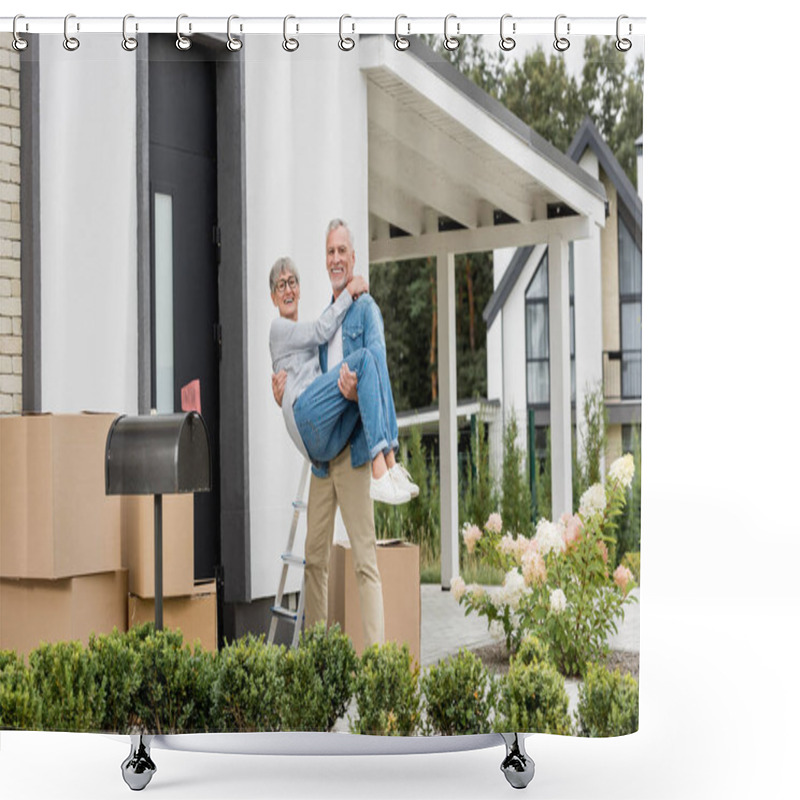 Personality  Mature Man Holding Smiling Woman In Glasses Near New House  Shower Curtains