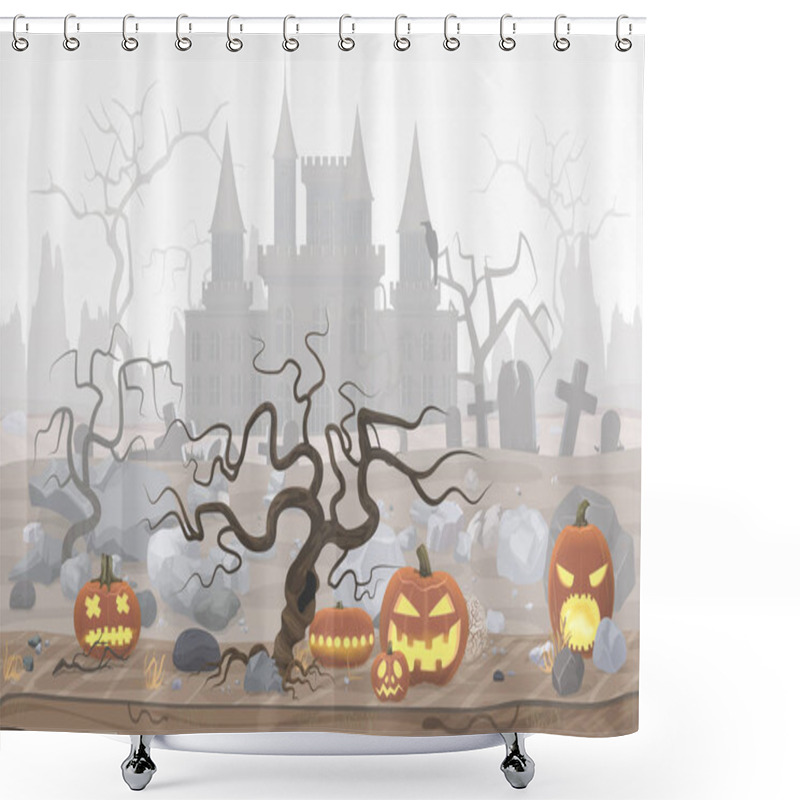 Personality  Vector Illustration Of Pumpkin Lanterns For Halloween And Foggy Cemetery And Horror Castle. Shower Curtains