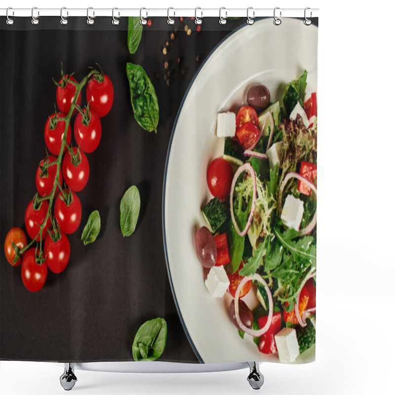 Personality  Top View Photo Of Plate With Traditional Greek Salad Near Cherry Tomatoes On Black Background Shower Curtains