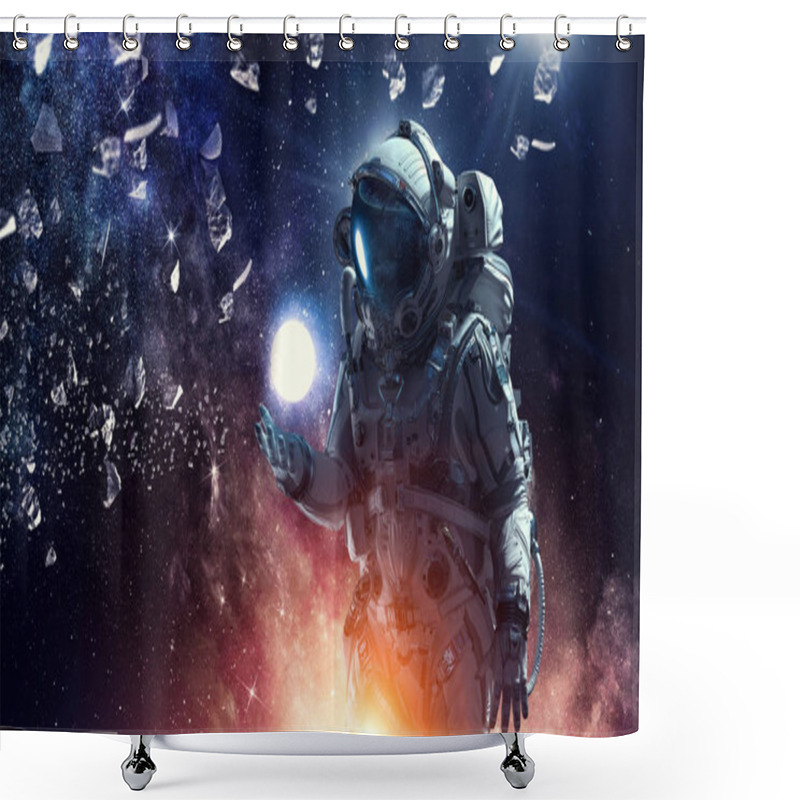 Personality  Spaceman And His Mission. Mixed Media Shower Curtains