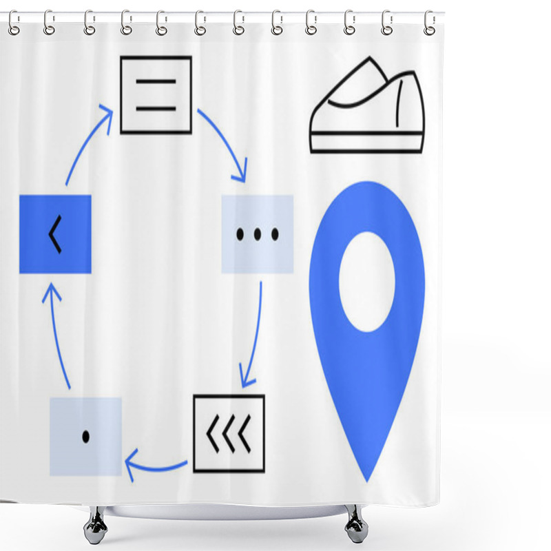 Personality  Circular Process Flow With Five Steps Indicated By Arrows, A Navigation Pin, And A Shoe Icon. Ideal For Business Process Mapping, Navigation, Fitness Tracking, Workflow Diagrams, Logistics Shower Curtains