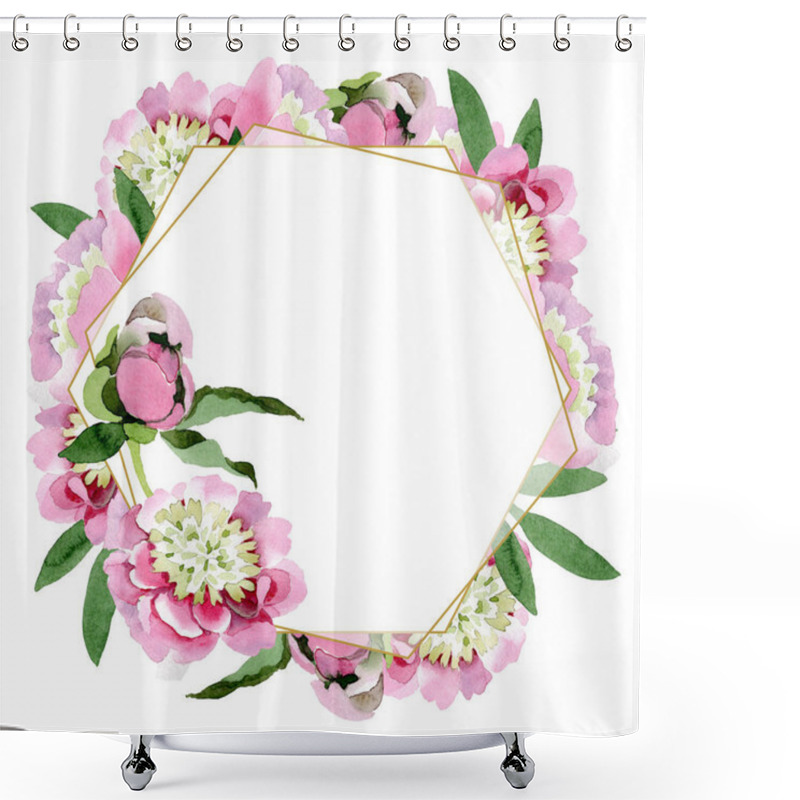 Personality  Beautiful Pink Peony Flowers With Green Leaves Isolated On White Background. Watercolour Drawing Aquarelle. Frame Border Ornament. Shower Curtains