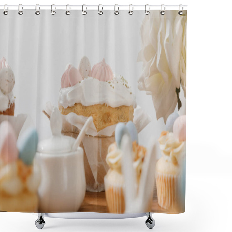 Personality  Selective Focus Of Cupcakes, Sugar Bowl, Easter Bread And Flowers Isolated On Grey Shower Curtains