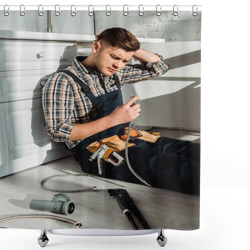 Personality  Tired Installer Sitting On Floor And Holding Metal Hose Near Kitchen Cabinet  Shower Curtains