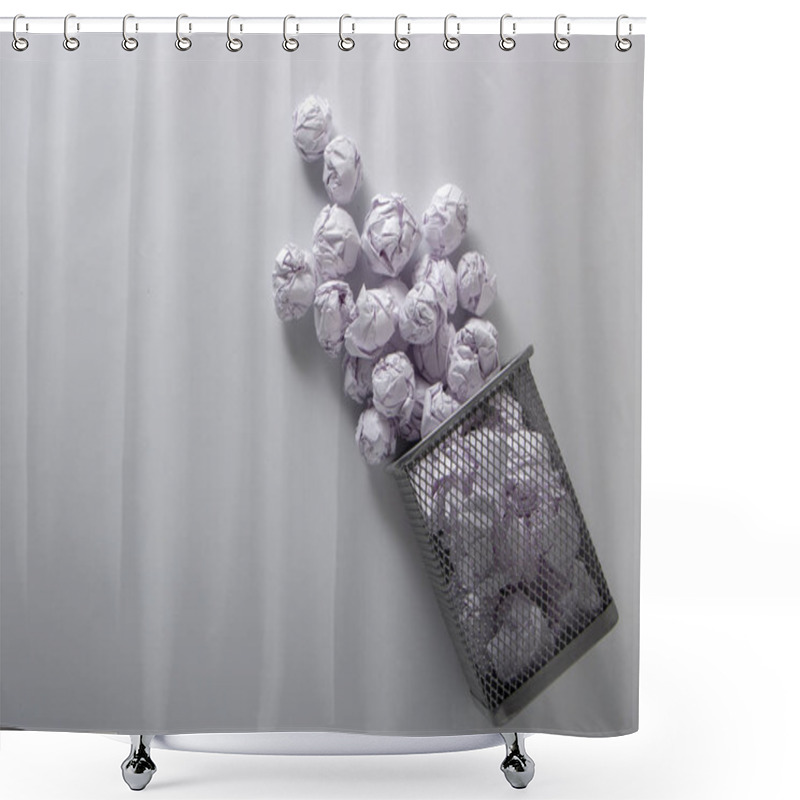 Personality  A Trashcan Full Of Crumpled Paper On White Background Shower Curtains