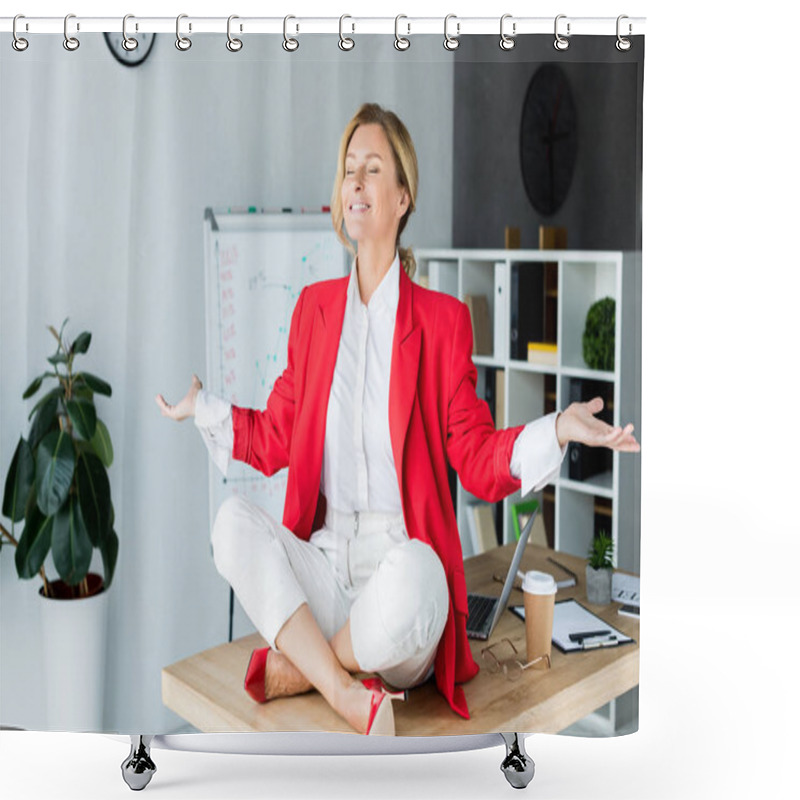 Personality  Happy Attractive Businesswoman Meditating In Lotus Pose On Table In Office Shower Curtains