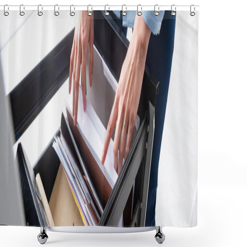 Personality  Cropped View Of Businesswoman Searching Dossier In Paper Folders In Cabinet Driver, Panoramic Shot Shower Curtains