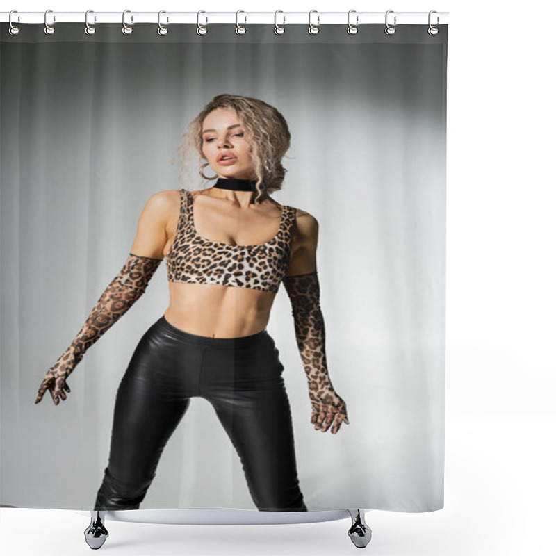 Personality  Stunning Woman With Sexy Body And Dyed Ash Blonde Hair Posing In Animal Print Crop Top, Long Gloves And Black Latex Pants While Standing On Grey Background, Glamour Fashion, Modern Individuality Shower Curtains