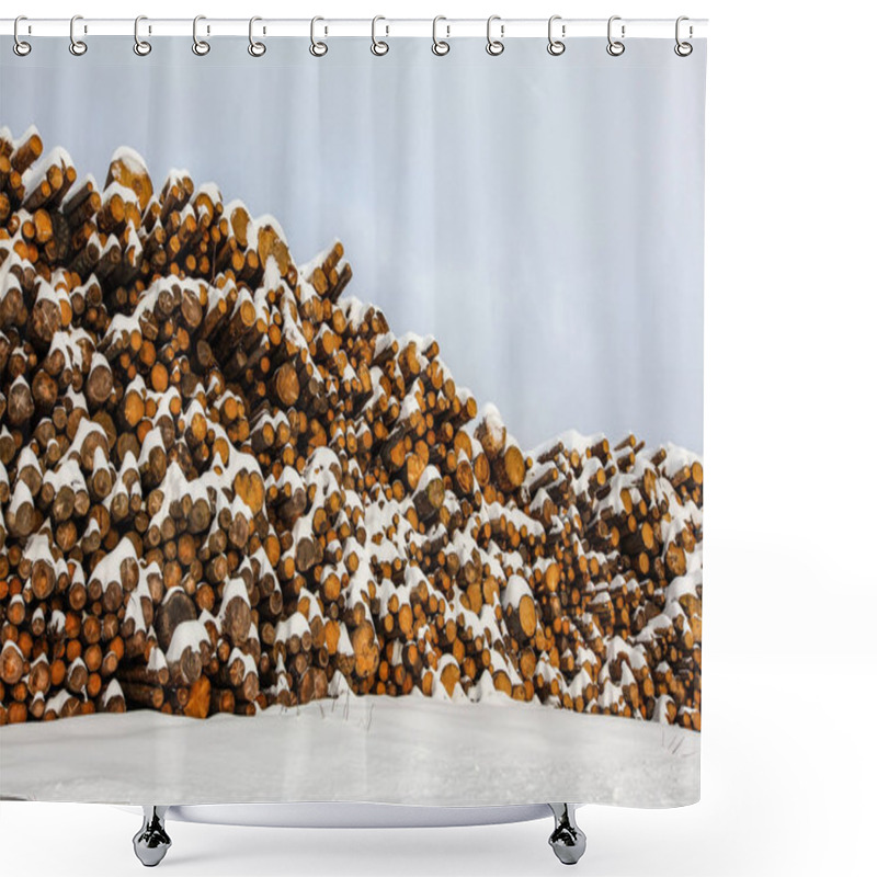 Personality  Logs Of Wood Covered With Snow Stacked Next To Road. Shower Curtains