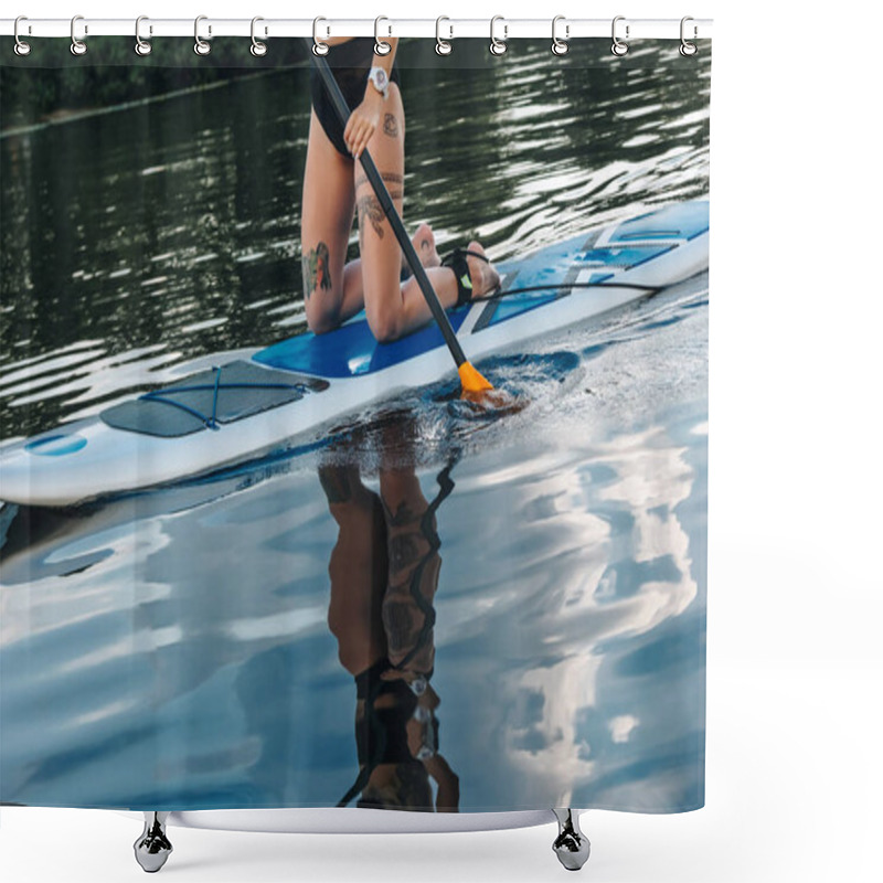 Personality  Cropped View Of Tattooed Girl Standup Paddleboarding On River Shower Curtains