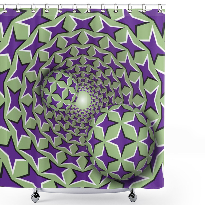 Personality  Two Balls With A Four Pointed Stars Pattern Are Moving On Rotating Purple Stars Green Funnel Shower Curtains