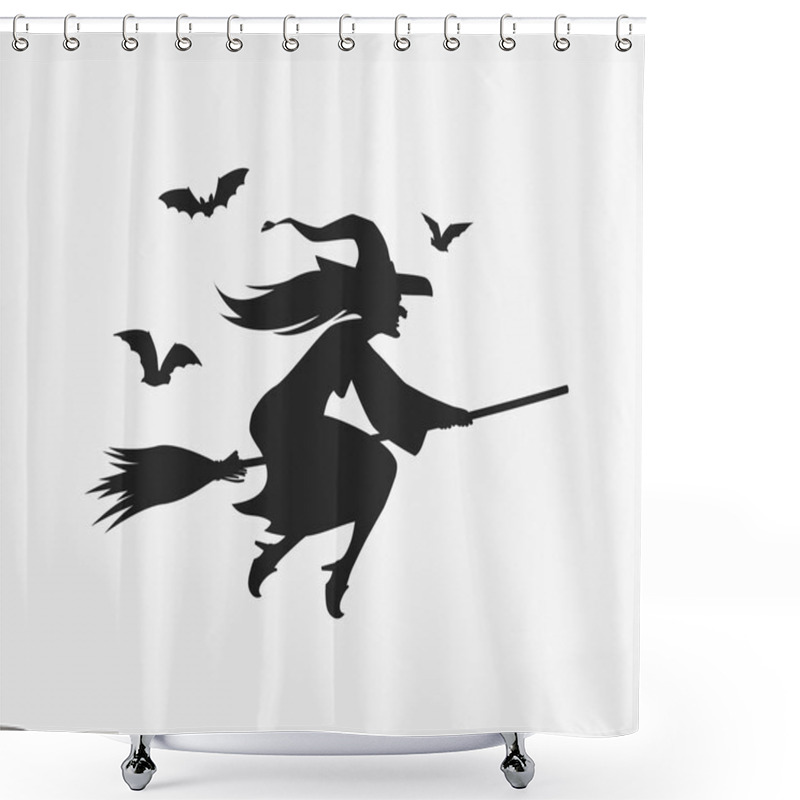 Personality  Silhouette Witch Flying On Broomstick. Halloween Vector Shower Curtains