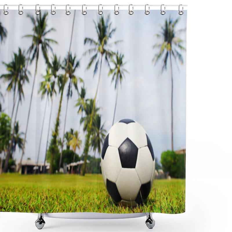 Personality  Soccer Ball Lies On A Green Field On The Background Of Palm Trees And The Sky Shower Curtains