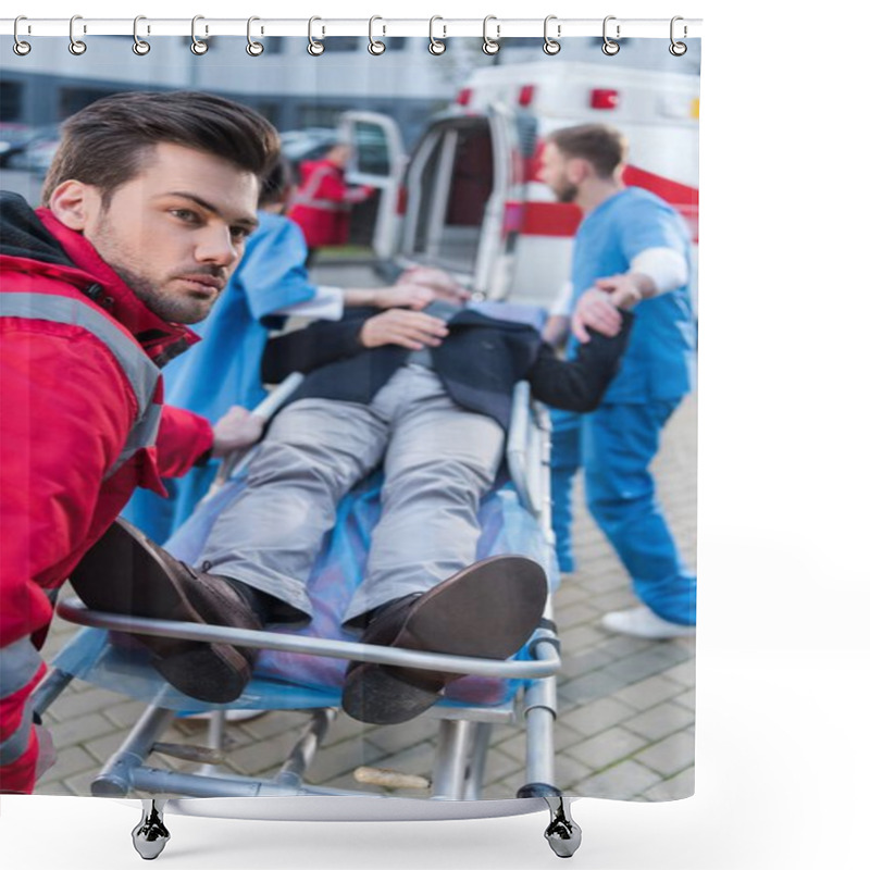 Personality  Paramedics Moving Ill Man On Ambulance Stretcher Shower Curtains