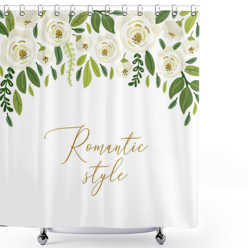 Personality  Cute Botanical Theme Floral Background With Bouquets Of Hand Drawn Rustic White Roses Flowers And Green Leaves Branches Shower Curtains