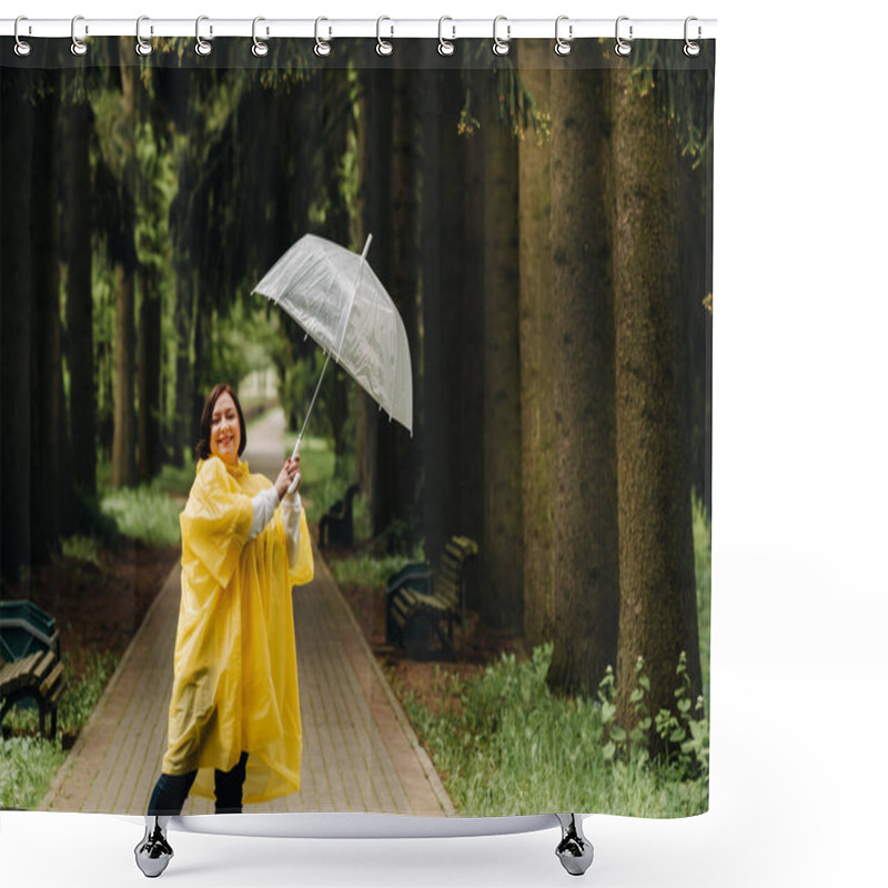 Personality  A Woman In A Yellow Raincoat And An Umbrella Walks In The Park And Garden In Summer. Shower Curtains