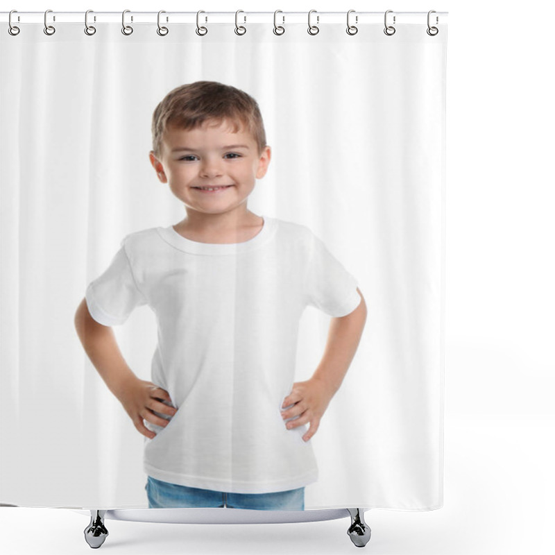 Personality  Little Boy In T-shirt On White Background. Mockup For Design Shower Curtains