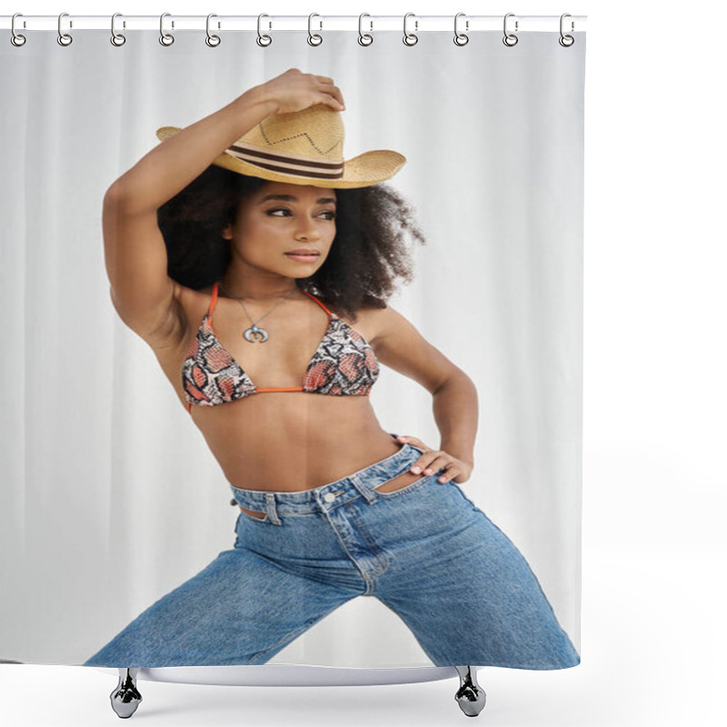 Personality  A Young Woman Displays Her Trendy Beach Style, Confidently Posing With A Straw Hat. Shower Curtains