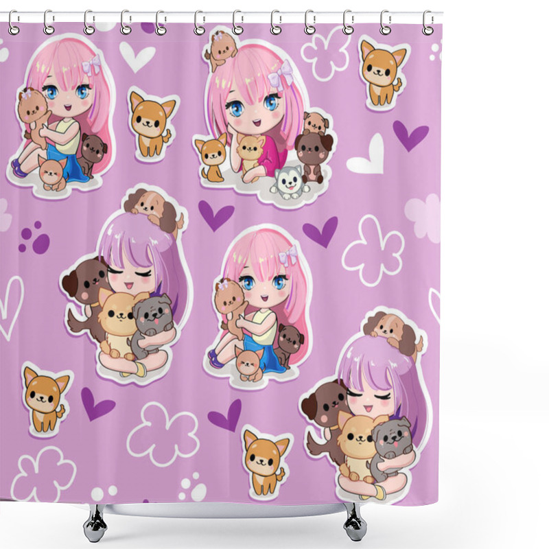 Personality  Cute Cartoon Anime Girls With Little Kittens And Dogs Seamless Pattern On A Purple Background. Vector Illustration Print In Kawaii Style Shower Curtains