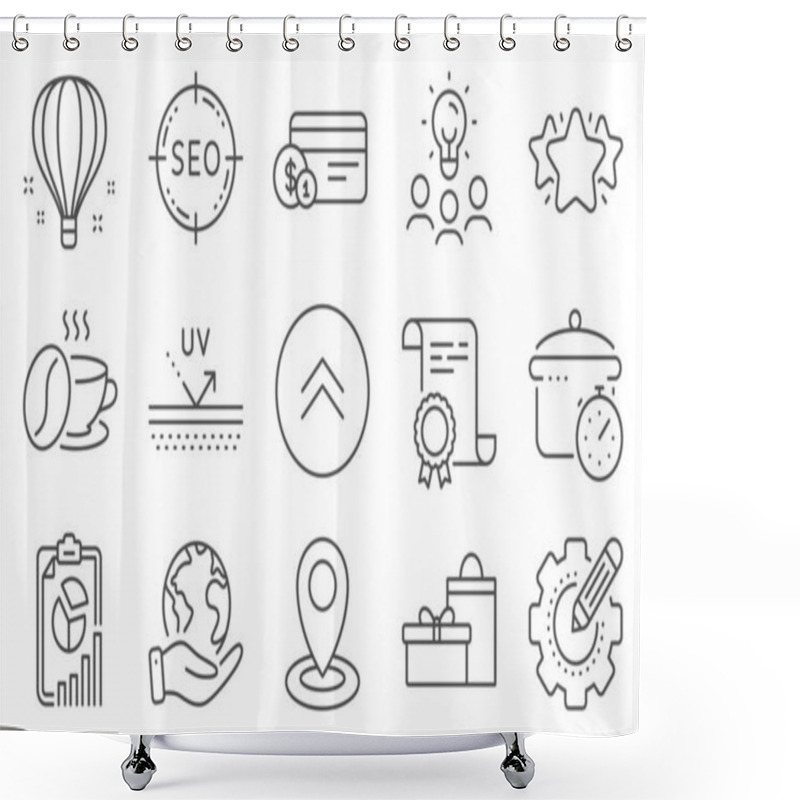 Personality  Set Of Business Icons, Such As Payment Method, Report. Diploma, Ideas, Save Planet. Location, Air Balloon, Seo. Coffee Cup, Boiling Pan, Swipe Up. Gifts, Uv Protection, Settings Gear. Vector Shower Curtains